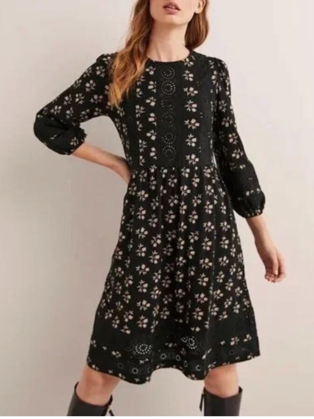 Boden Anthropologie Black Bouquet Bud Lace Insert Jersey Boho Dress 4